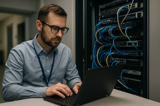 An IT engineer helping a client